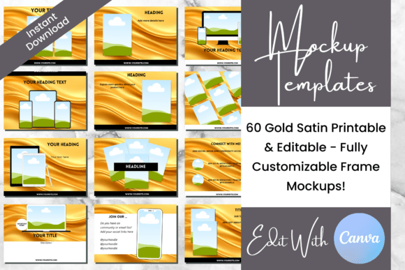 Transform Your Brand with 60 Gold Satin Web Mockup Canva Templates